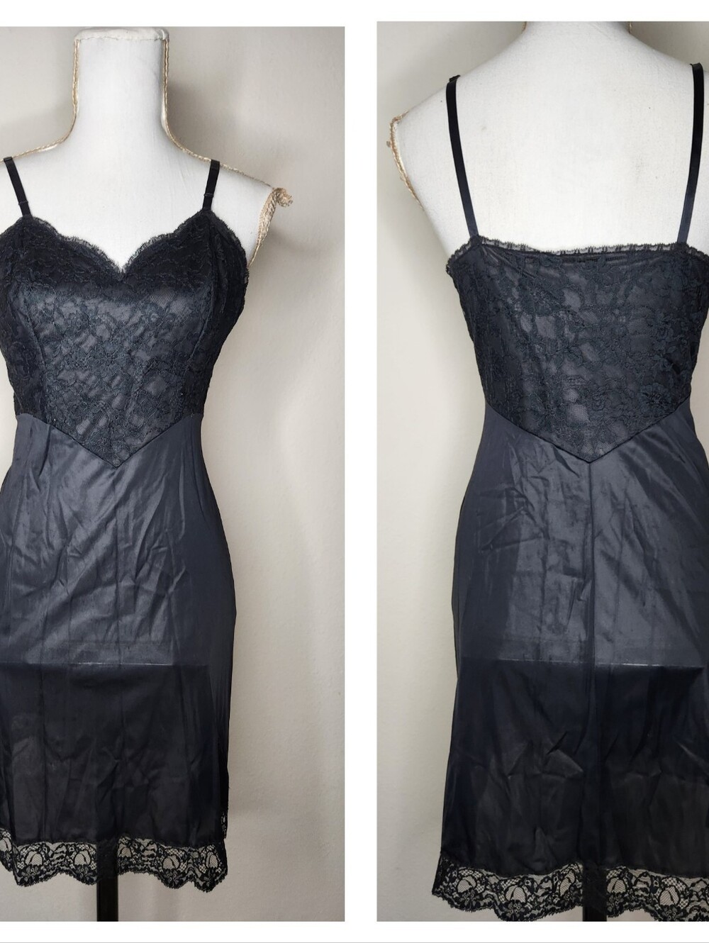Vintage Vanity Fair Womens 34 Black Nightgown Slip Lace Lingerie Dress